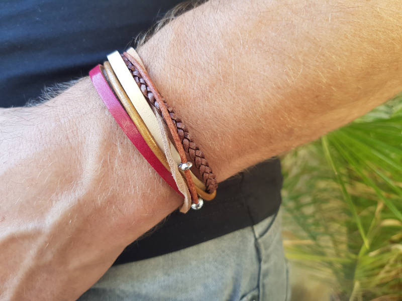 Bracelet homme inox et cuir multi-rangs