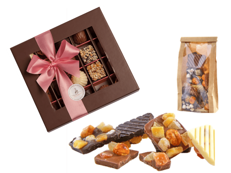 Écrin 20 mini-chocolats et tablettes de chocolat aux fruits secs