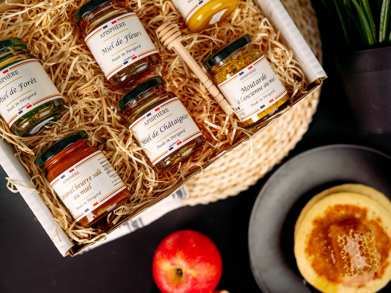 Coffret gourmand des produits de la ruche : Miel, Moutarde et Caramel