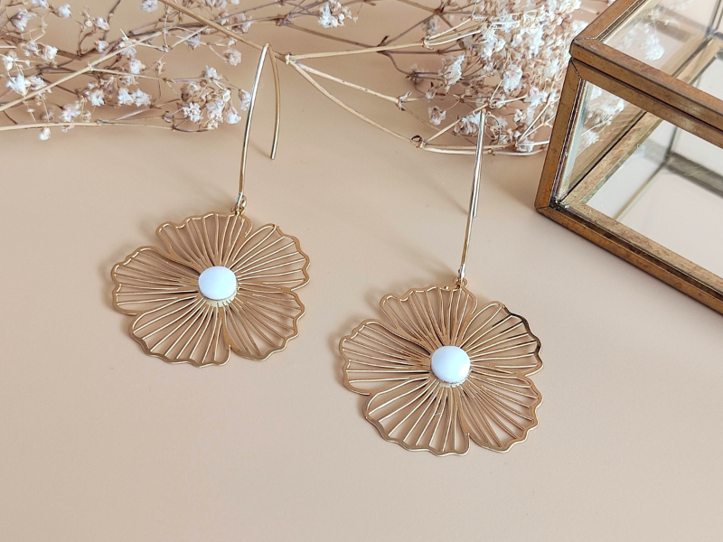 Boucles D'oreilles Pendantes Vintage En Acier - Motif Fleurs - Fermoir Clips