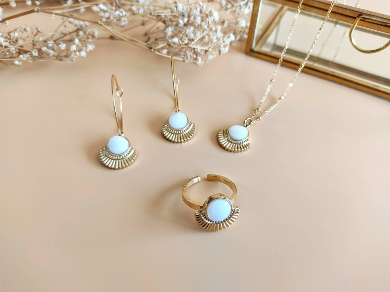 Parure collier, boucles d'oreilles et bague